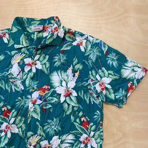 Evergreen Island Hawaiian Shirt Size L Men’s Button Up Green Cockatoos & Flowers